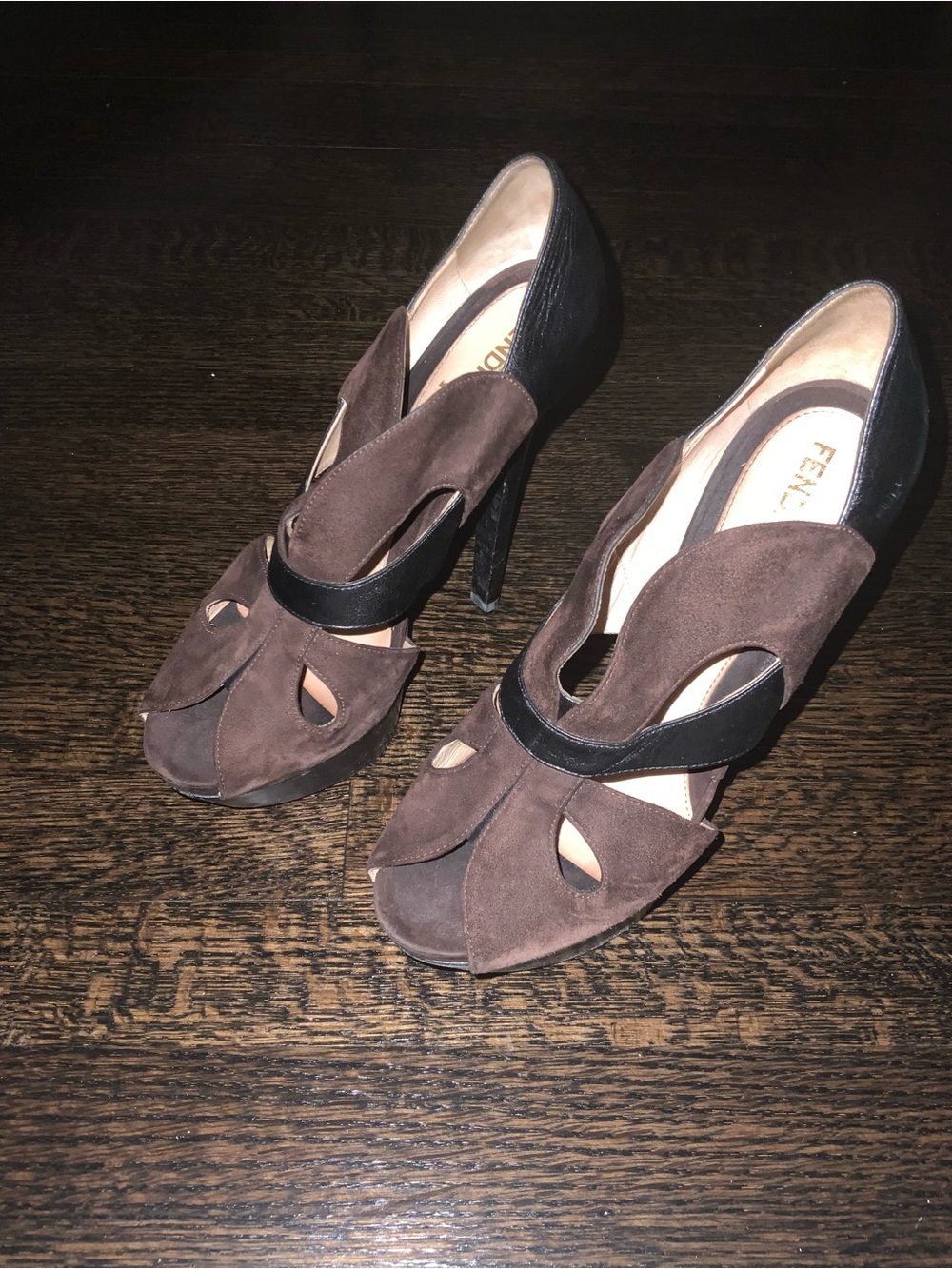 Fendi Brown Suede Peep-Toe Heels with Black Strap